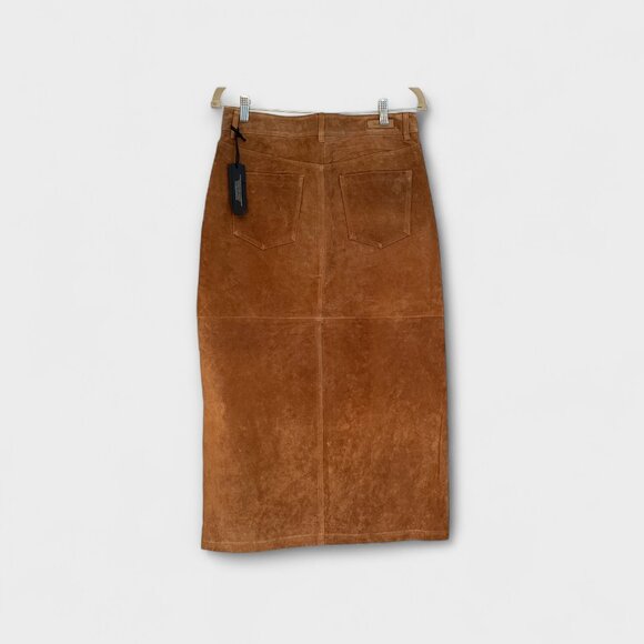 BlankNYC Genuine Suede Tan Midi Skirt Sz 28 NWT Pockets Front Slit Equestrian - Picture 2 of 6
